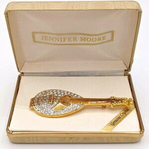 Jennifer Moore Mandolin Instrument Genuine Crystal Gold Tone Brooch Pin w/ Case